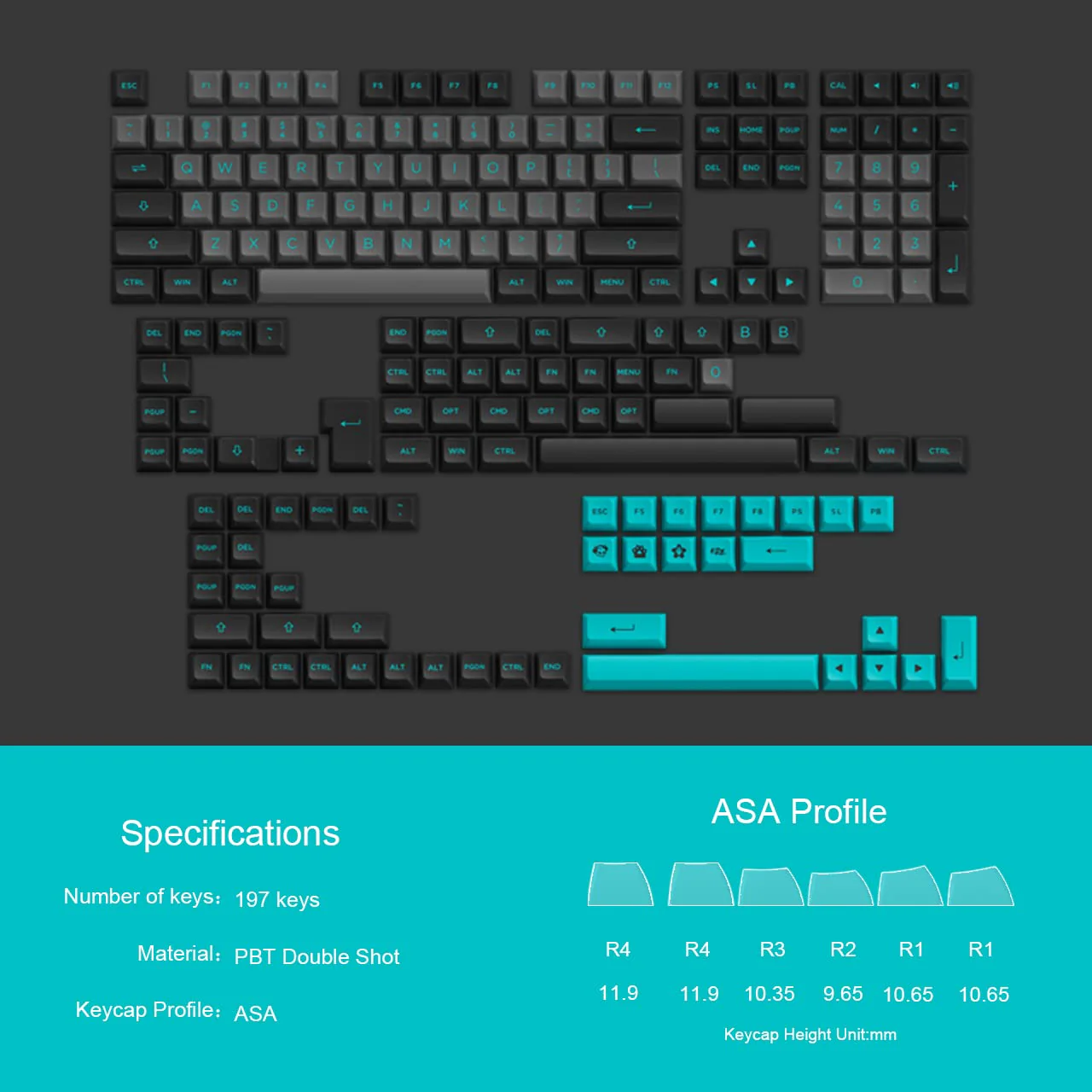 Black & Cyan Keycap Set(197-Key) - Image 3